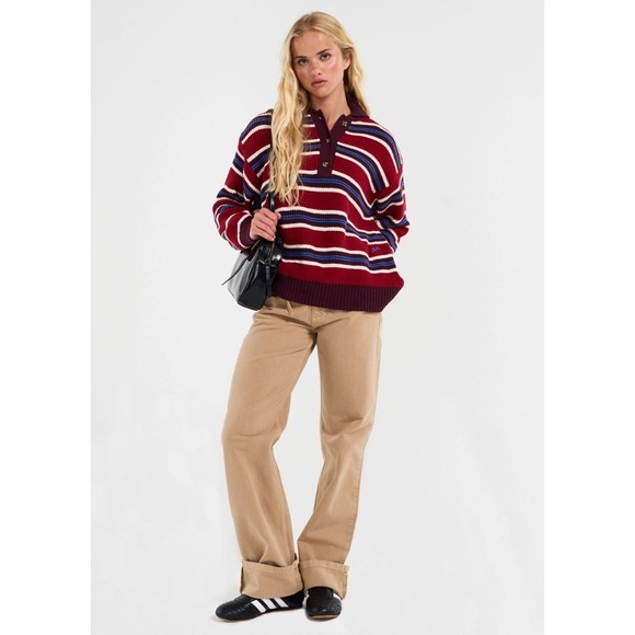 DAMSON MADDER Ilona Rugby Knit Sweater in Red Maroon Blue White Stripe Jumper - Picture 6 of 11